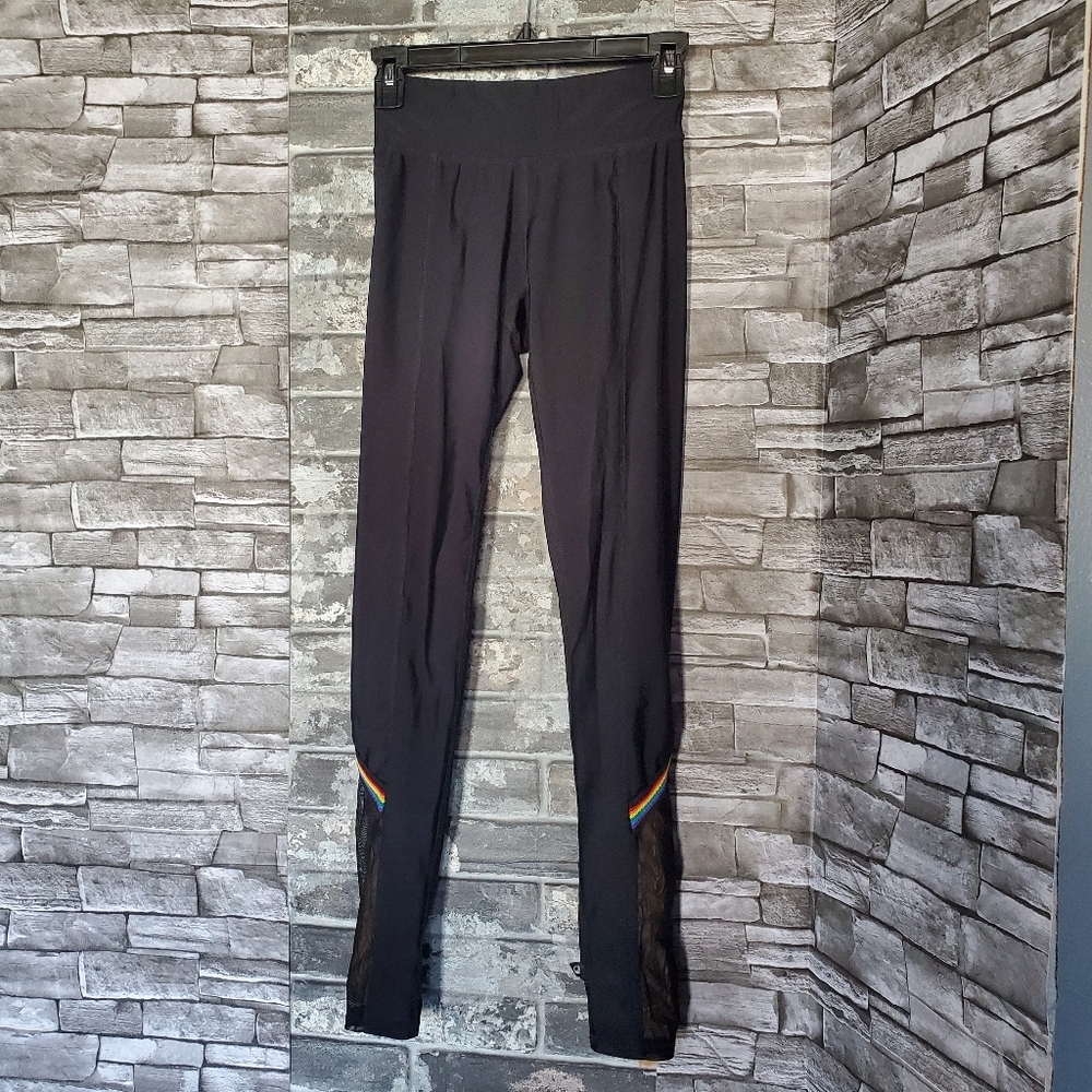 Terez Rainbow Detail Leggings Black Full Length Sz XS Mid-rise Mesh Made In USA